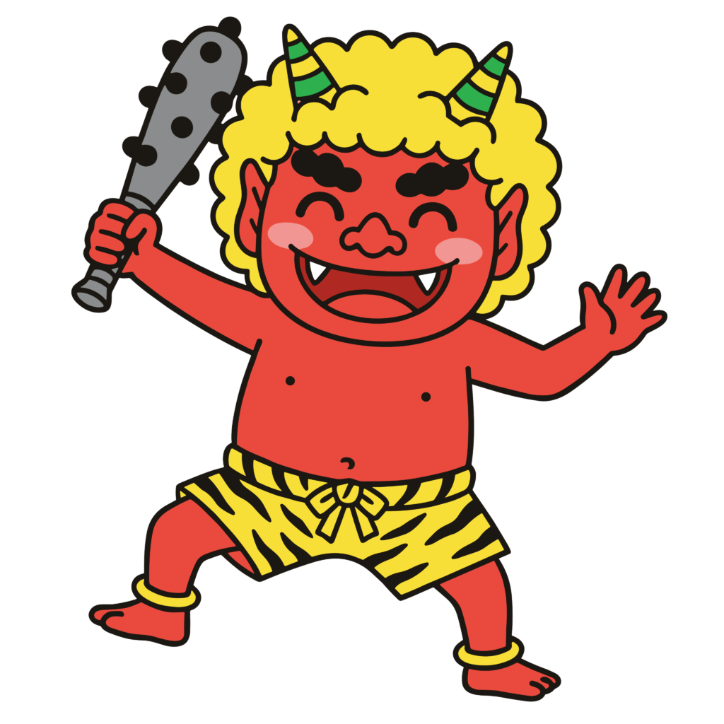 金棒を持ってポーズをとるかわいい赤鬼のイラスト。節分に使いやすい背景透過PNGの無料素材