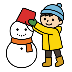子どもが雪だるまを作っている冬のイラスト。保育や学校向けに使いやすいかわいいデザイン素材。