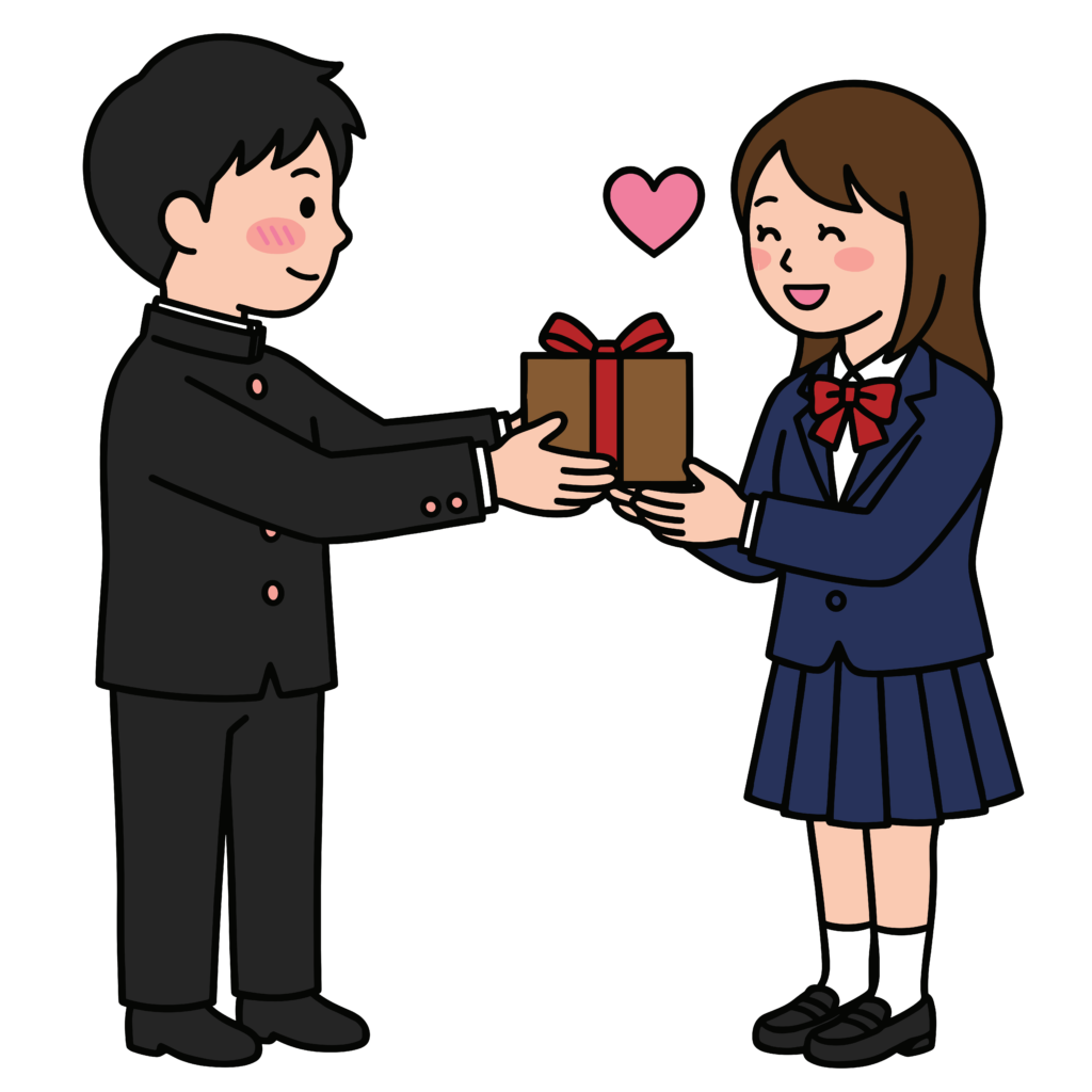 学生カップルがプレゼントを渡すイラスト。バレンタインデーとホワイトデーのどちらにも使えるかわいいフリー素材