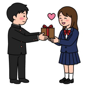 学生カップルがプレゼントを渡すイラスト。バレンタインデーとホワイトデーのどちらにも使えるかわいいフリー素材