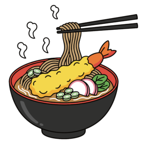 かわいい天ぷらそばのイラスト素材。簡単・無料でダウンロードできるアイコンタイプのフリー素材です。
