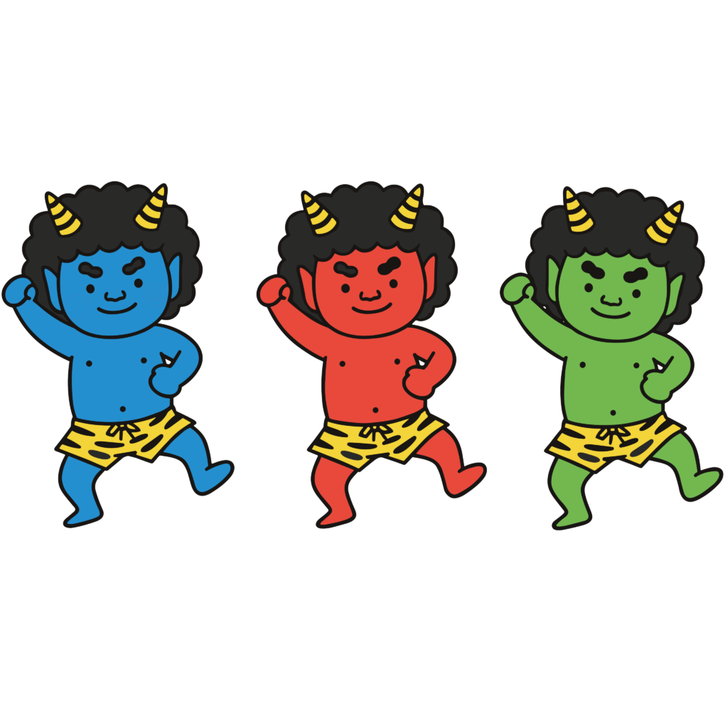 青鬼・赤鬼・緑鬼が並んで踊っているかわいいイラスト。節分に使いやすい背景透過のフリー素材