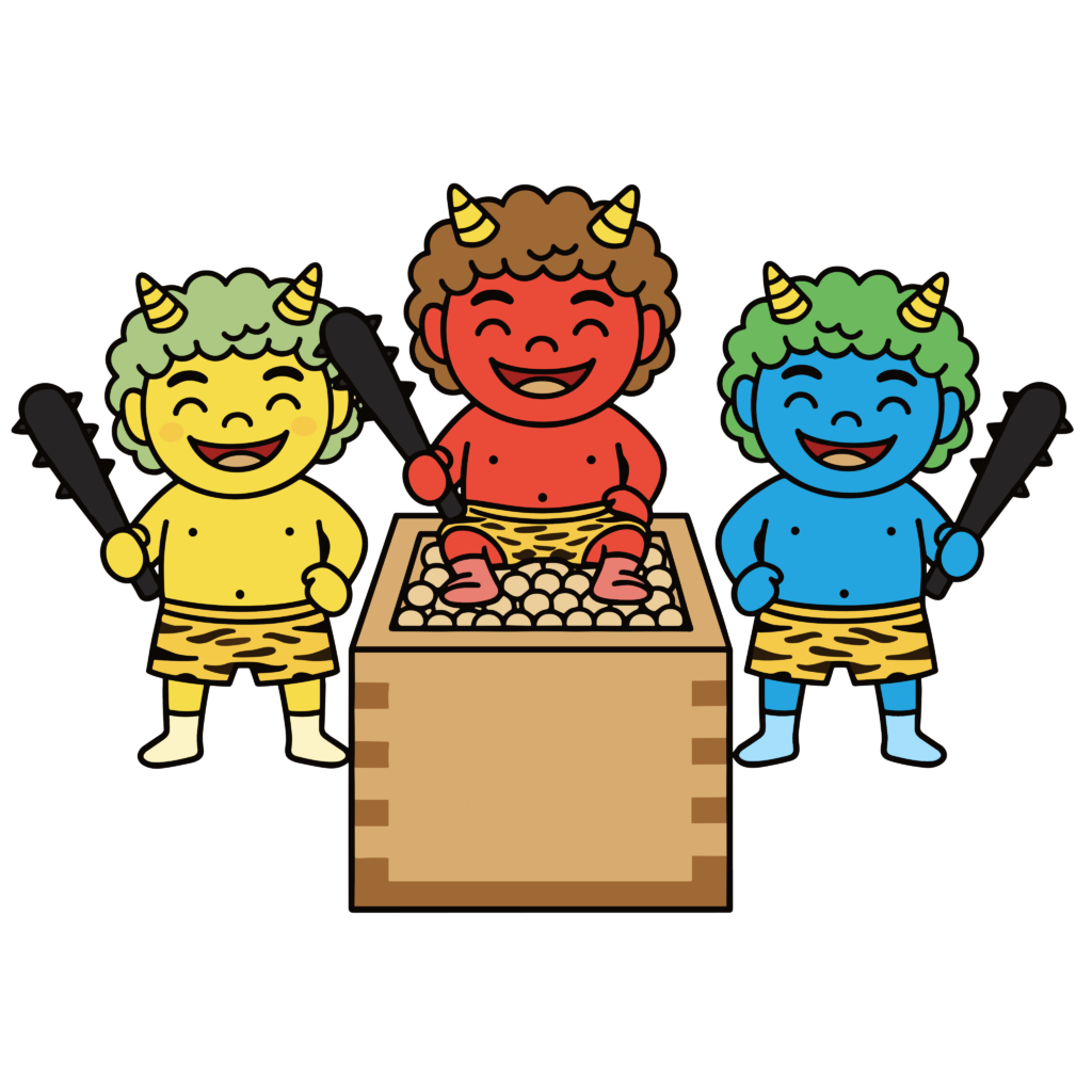 福豆が入った升のまわりに赤鬼・青鬼・黄色鬼が並んで笑っているかわいいイラスト。節分に使いやすいフリー素材