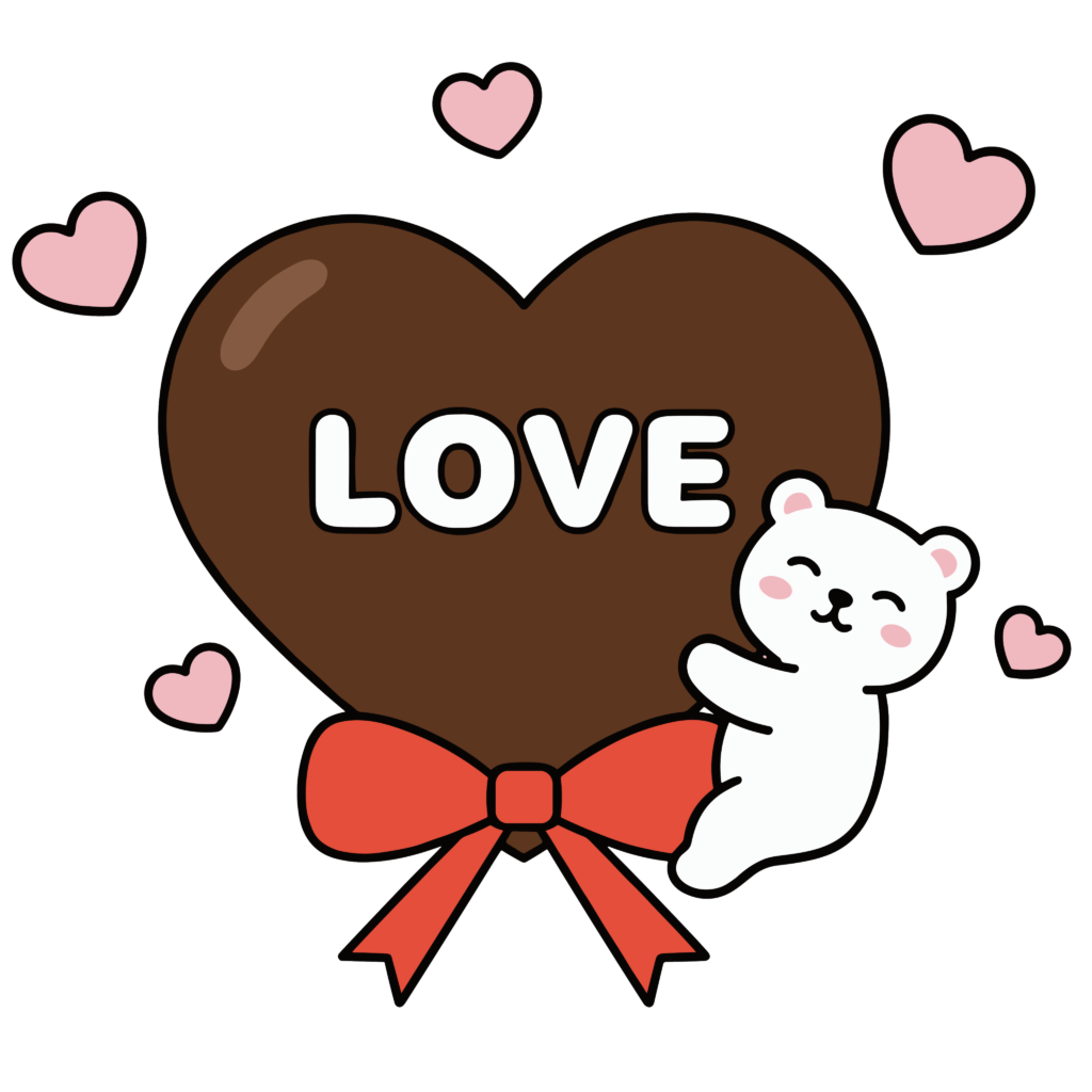 LOVEの文字入りハートチョコを抱きしめるかわいい白くまのイラスト。バレンタインに使いやすい背景透過PNG素材
