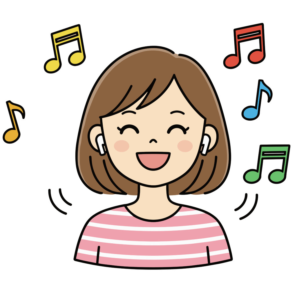 かわいいワイヤレスイヤホンの女性イラスト素材。簡単・無料でダウンロードでき、音楽やガジェット系アイコンとしても使いやすいフリー素材です。