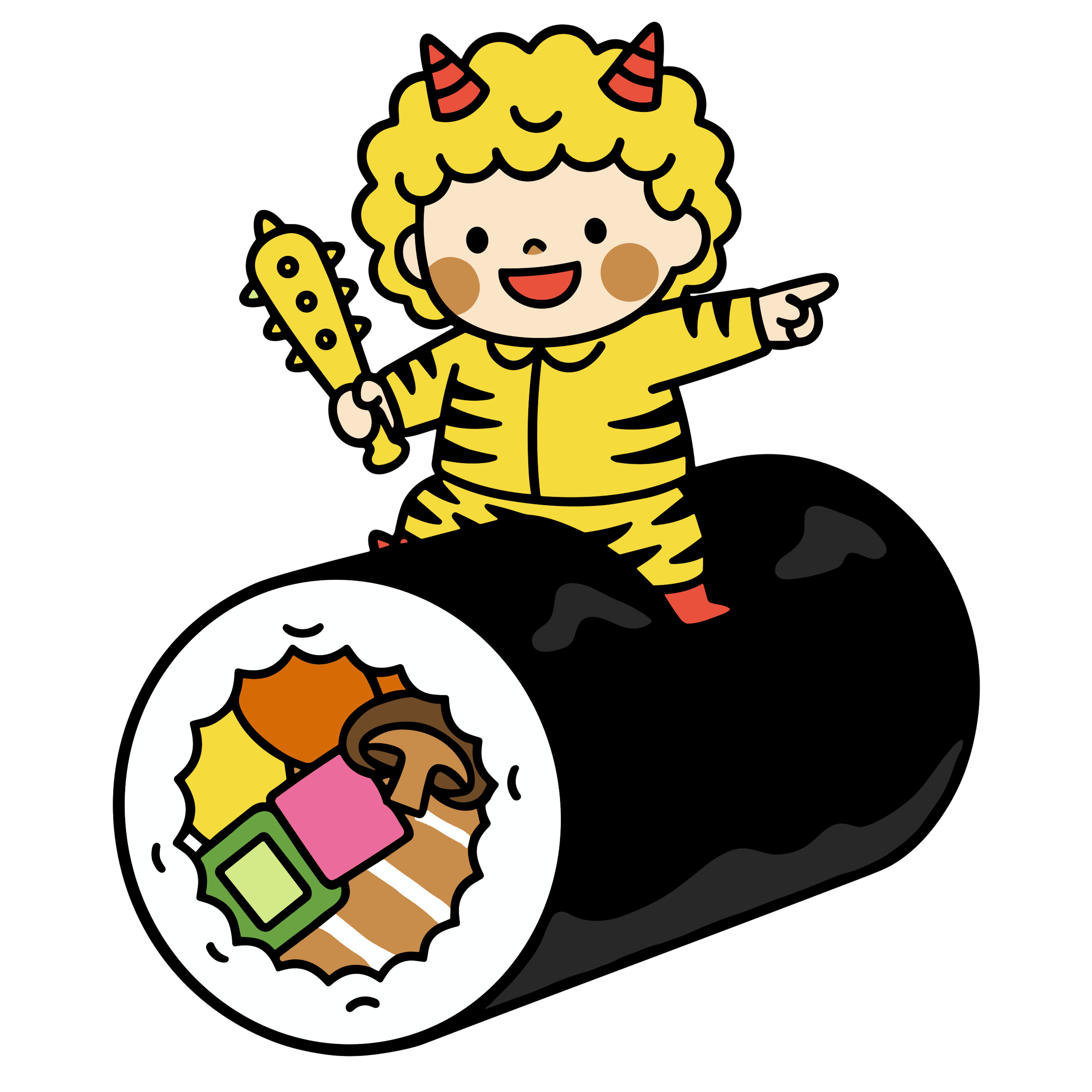 恵方巻きの上に乗った黄色い鬼の子どもが指差ししているかわいいイラスト。節分に使いやすいフリー素材