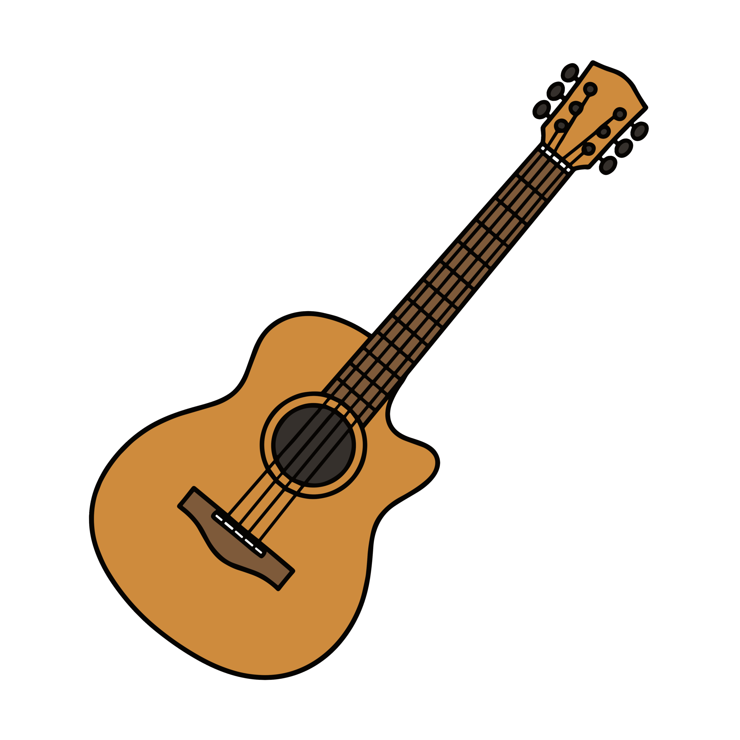 木製のアコースティックギターのかわいいイラスト。音楽や演奏をテーマに使いやすい背景透過のフリー素材です。