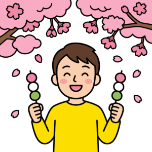 桜の下で三色団子を持って笑顔でお花見を楽しむかわいい男の子のイラスト