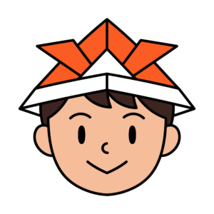 折り紙のかぶとをかぶった男の子のかわいいイラスト。端午の節句やこどもの日に使いやすいフリー素材