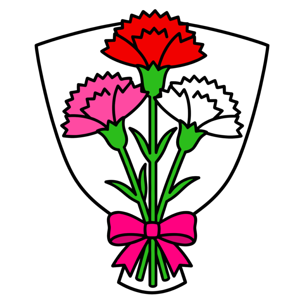 赤・ピンク・白のカーネーション花束のかわいいイラスト。母の日に簡単に使える背景透過PNGのフリー素材