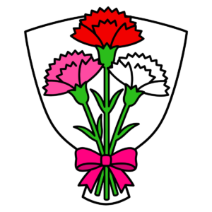 赤・ピンク・白のカーネーション花束のかわいいイラスト。母の日に簡単に使える背景透過PNGのフリー素材