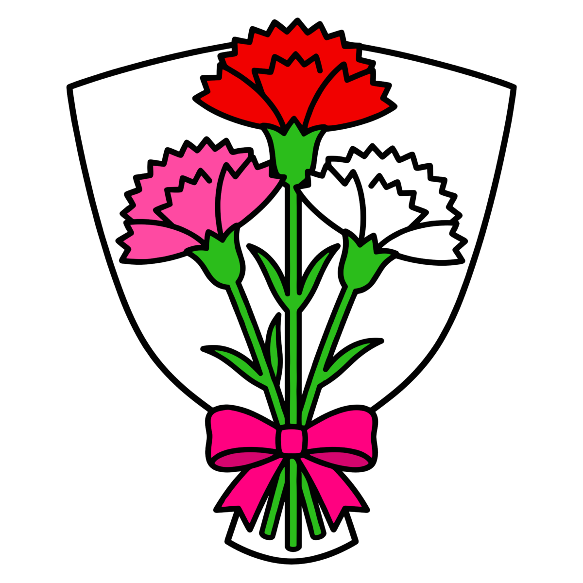 赤・ピンク・白のカーネーションを束ねた花束のかわいいイラスト。母の日に簡単に使える背景透過PNGのフリー素材です。