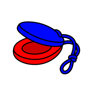 青と赤の配色が特徴的なひも付きカスタネットのイラスト。音楽学習やリズム遊びに使いやすい打楽器素材です。