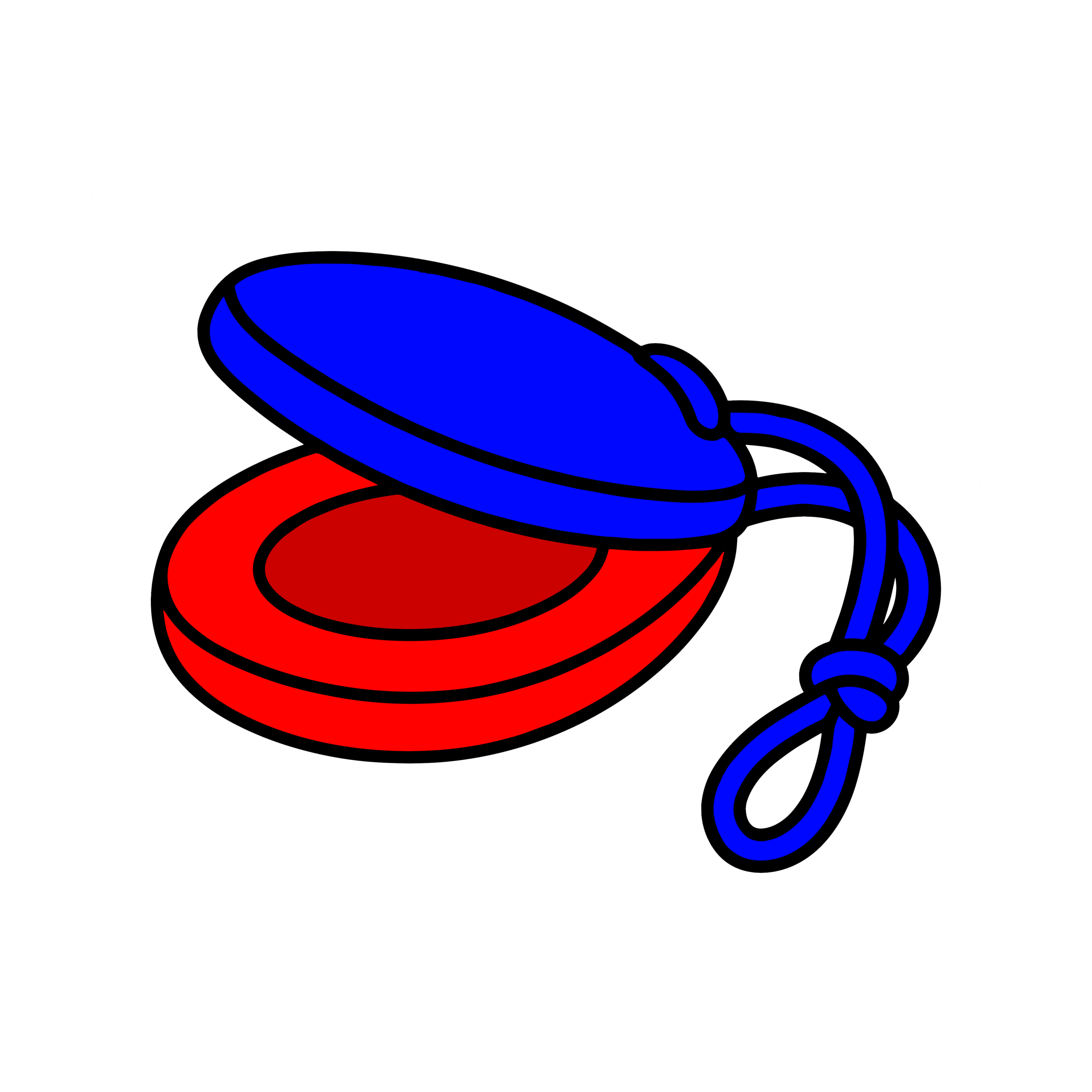 ひも付きで開いた状態の青と赤のカスタネットのイラスト。音楽やリズム遊びをイメージした打楽器素材。