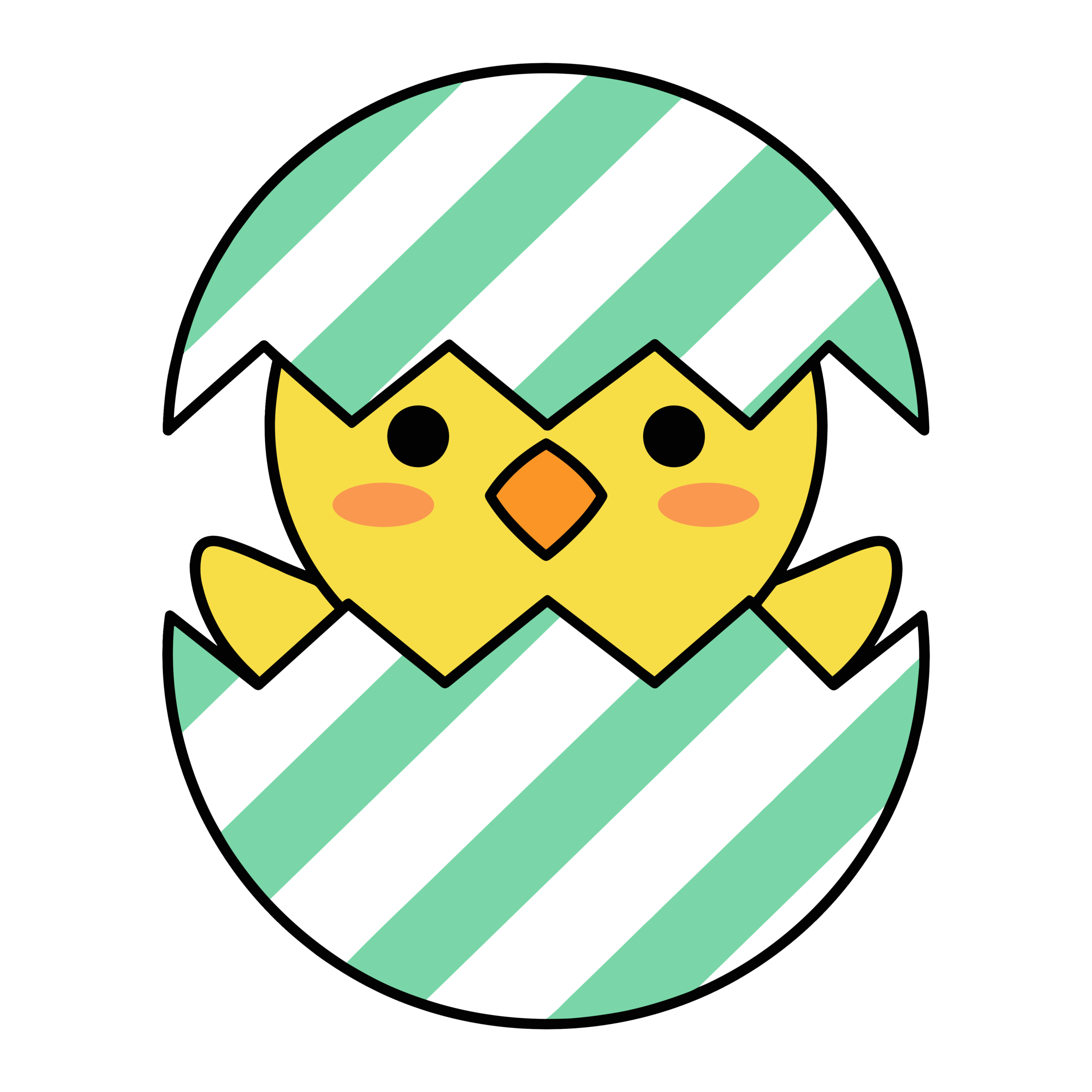 しま模様の卵の殻から生まれたかわいいひよこのイラスト