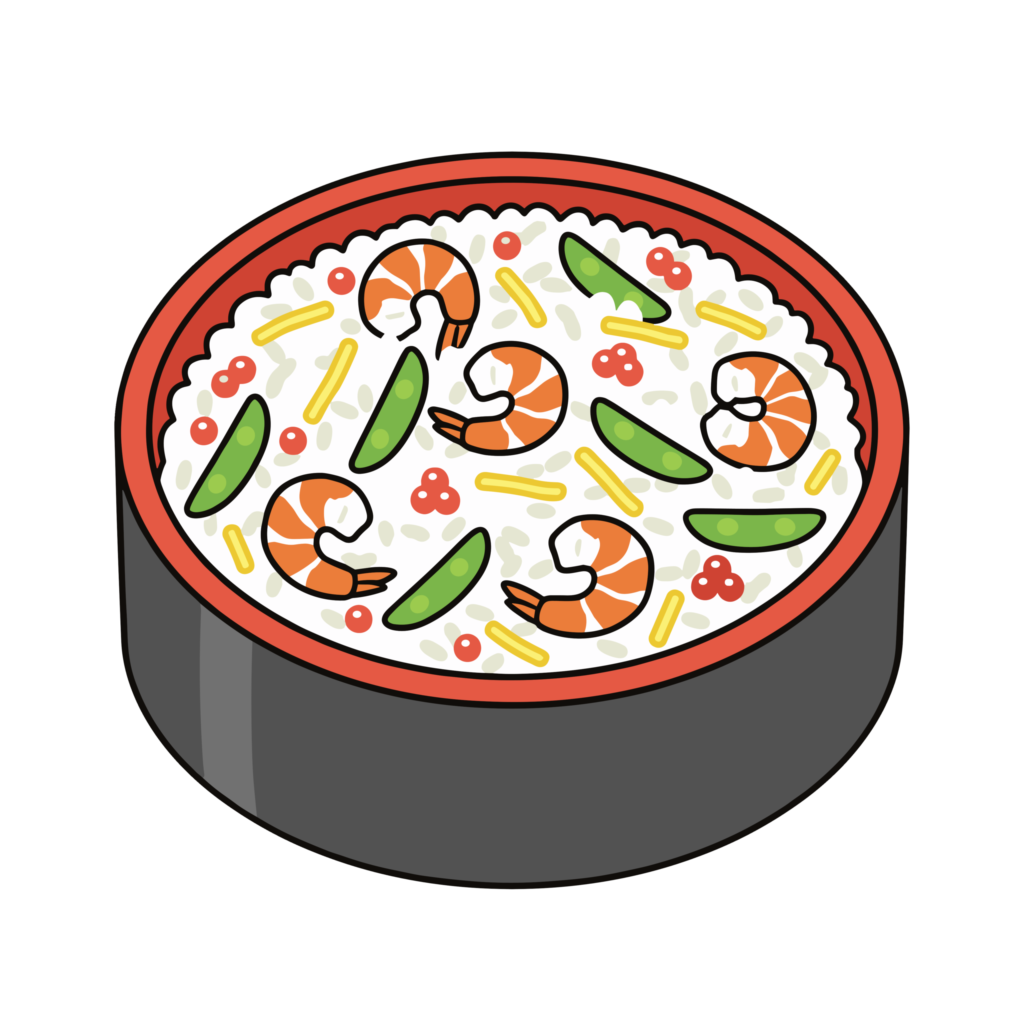 えびや絹さやがのったかわいいちらし寿司のイラスト。ひなまつりに使いやすい背景透過のフリー素材です。