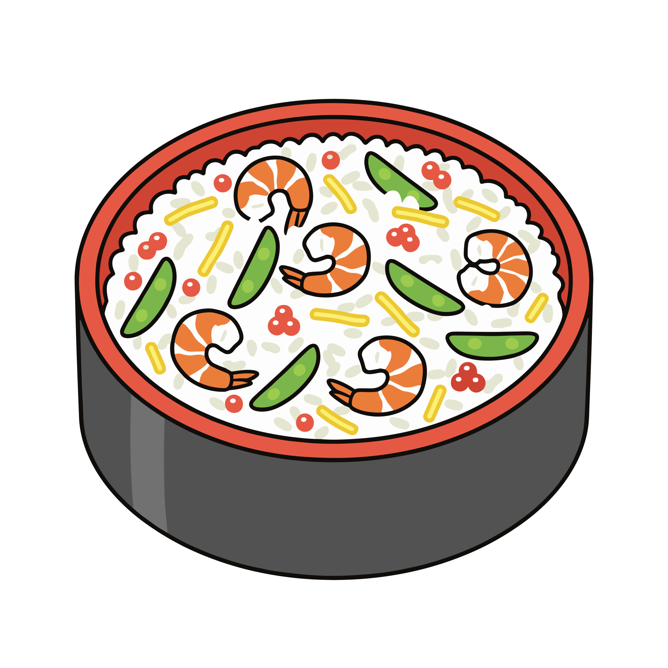 えびや絹さや、錦糸卵がのったちらし寿司のイラスト。ひなまつりに使いやすい背景透過PNG素材です。