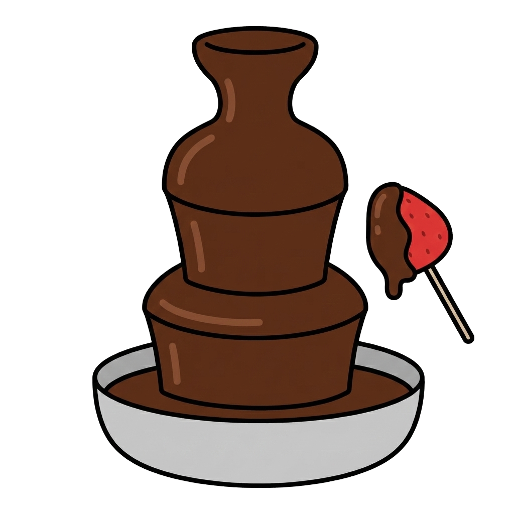 バレンタインに使いやすい、チョコレートファウンテンといちごのイラスト。パーティー風のフリー素材です。