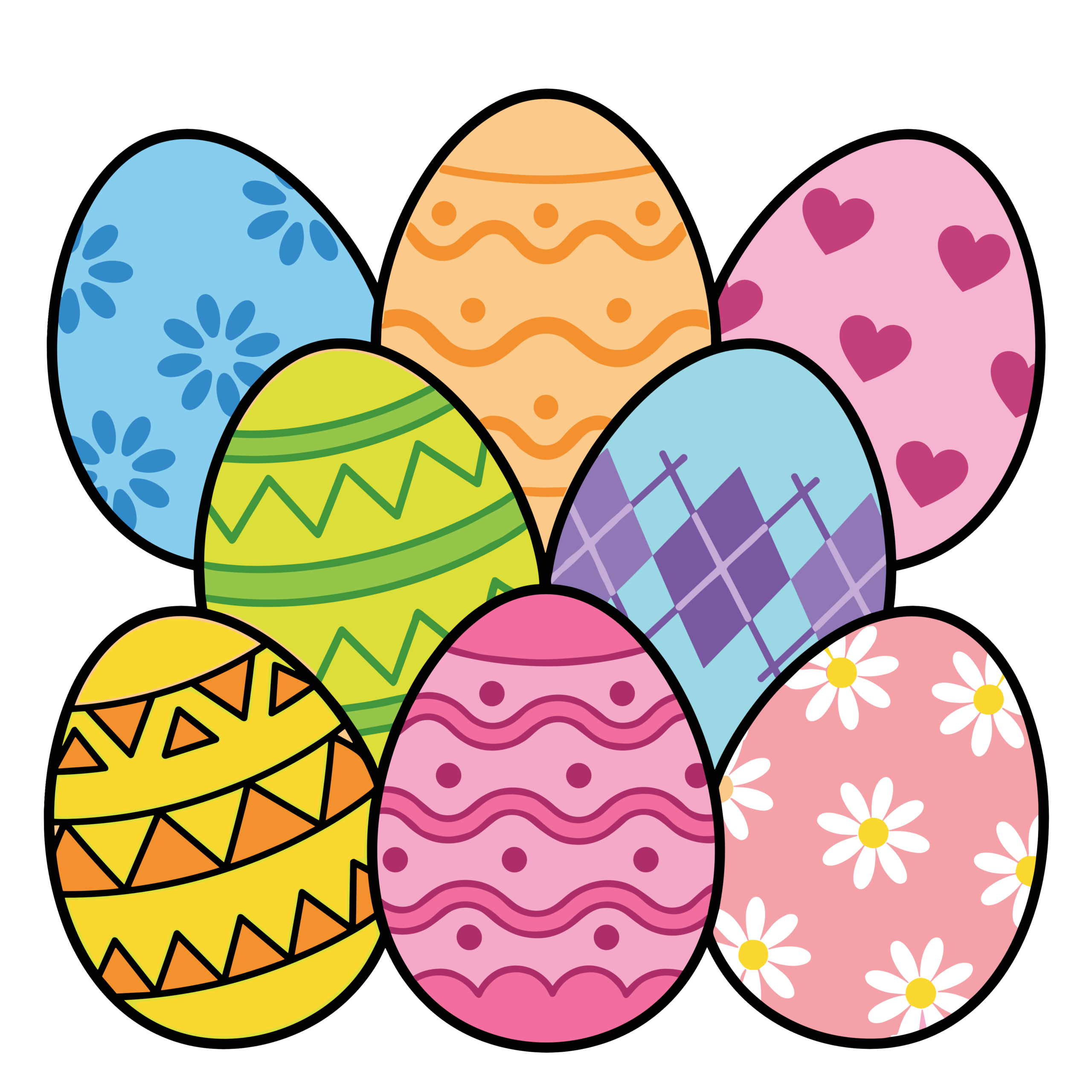 さまざまな模様が描かれたカラフルなイースターエッグが並んでいるかわいいイラスト