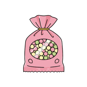 ひな祭りに使えるかわいいひなあられ袋のイラスト。中身が見えるピンク色の袋の背景透過PNG素材