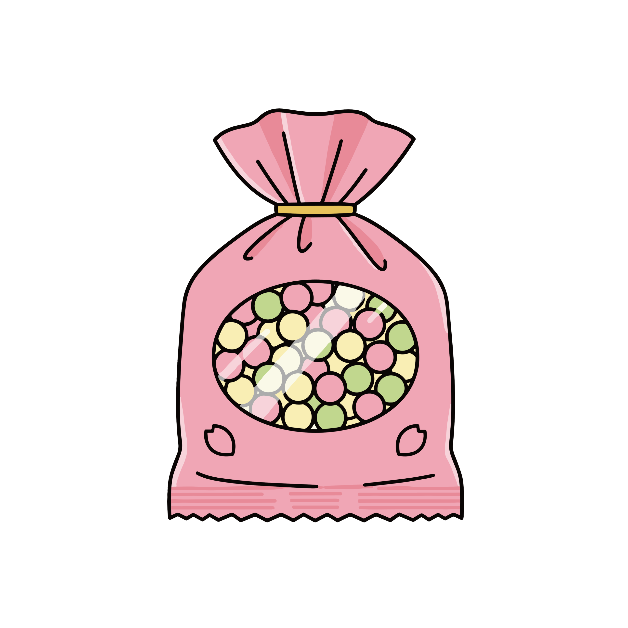 ひな祭りに使えるかわいいひなあられ袋のイラスト。中身が見えるピンク色の袋の背景透過PNG素材