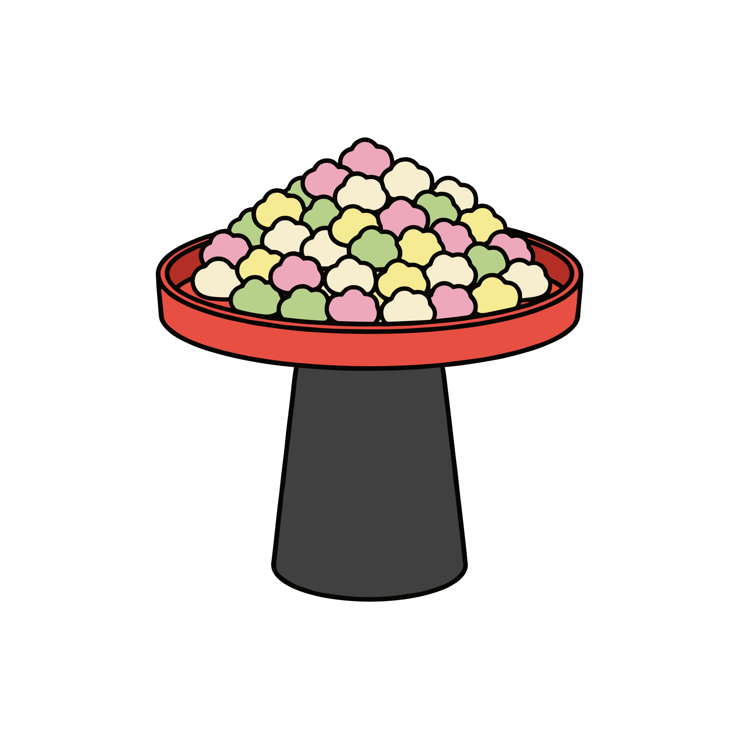 ひな祭りに使えるかわいいひなあられのイラスト。三色のあられが盛られた背景透過PNG素材