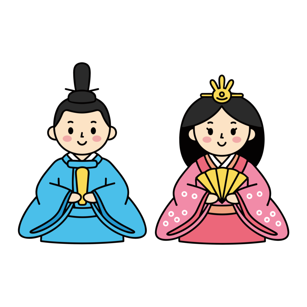 ひな祭りに使えるかわいいお内裏様とお雛様のイラスト。並んだひな人形の背景透過PNG素材