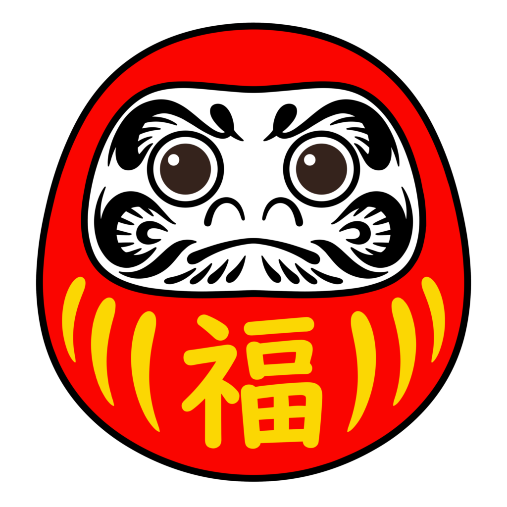 福の文字が入った赤いだるまのかわいいイラスト。縁起物として使いやすい背景透過デザイン