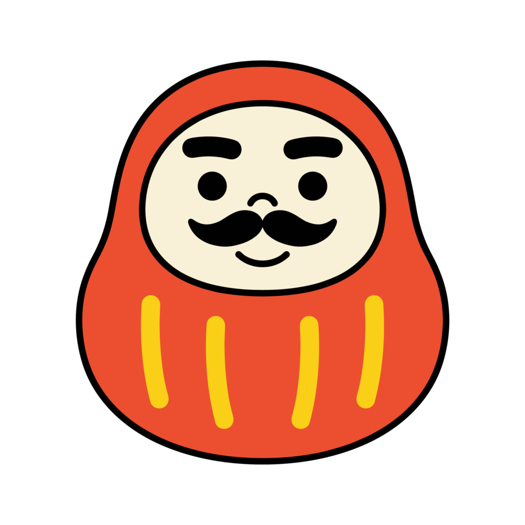 やさしい表情のかわいいだるまイラスト。ひげ付きで親しみやすい背景透過デザイン
