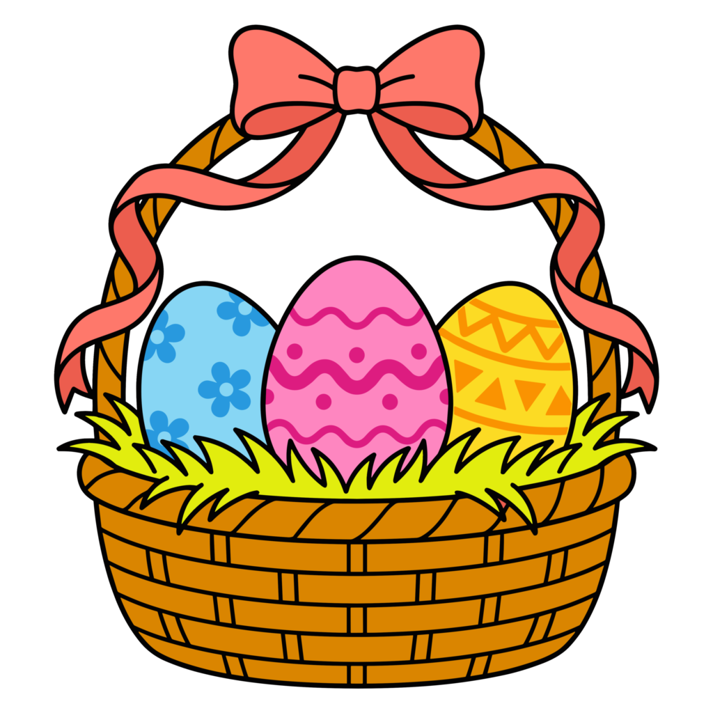 リボン付きバスケットに入ったカラフルなイースターエッグのかわいいイラスト