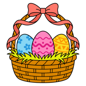 リボン付きバスケットに入ったカラフルなイースターエッグのかわいいイラスト