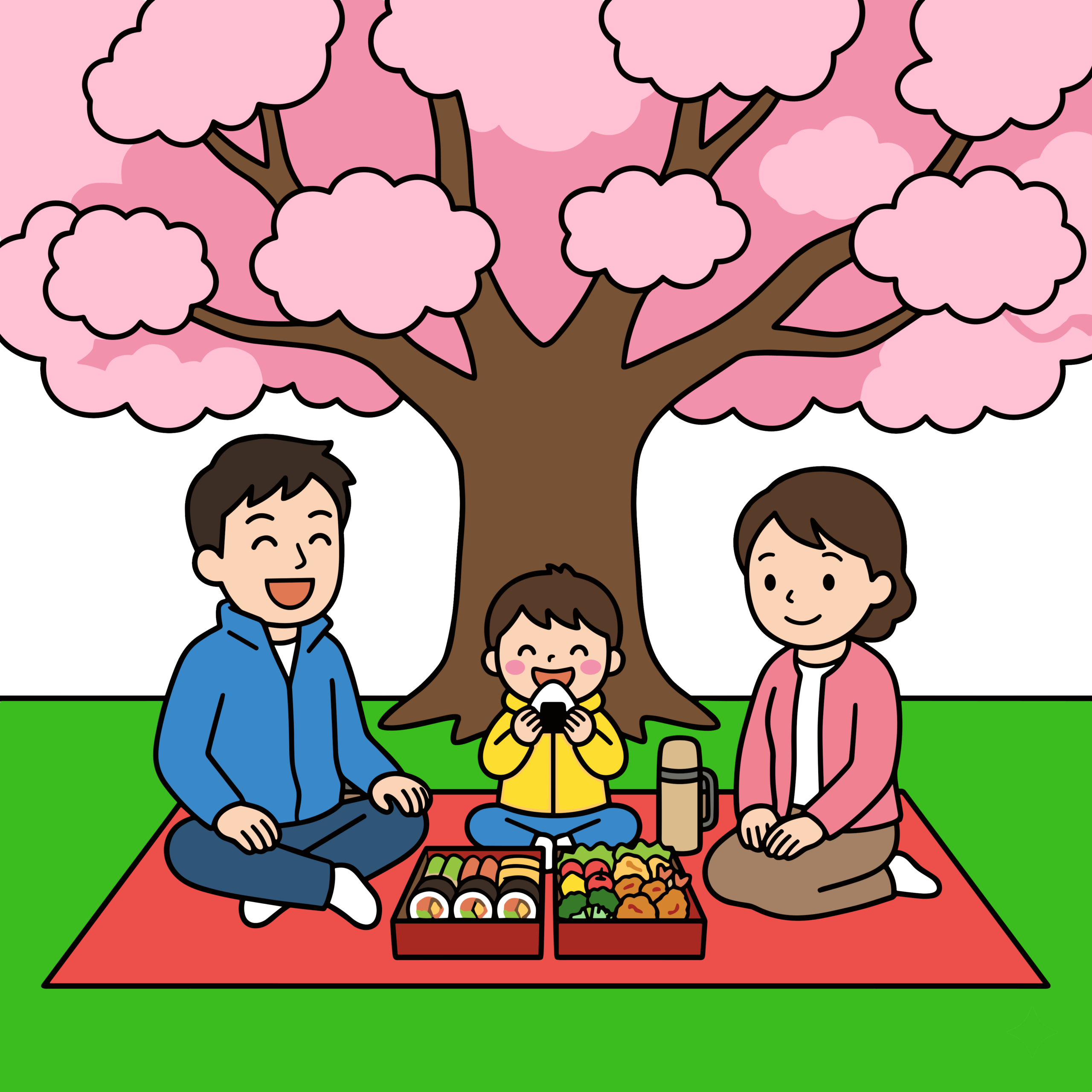 桜の木の下で家族三人がお弁当を広げてお花見をしているイラスト。春の行事に使いやすい背景透過PNG素材