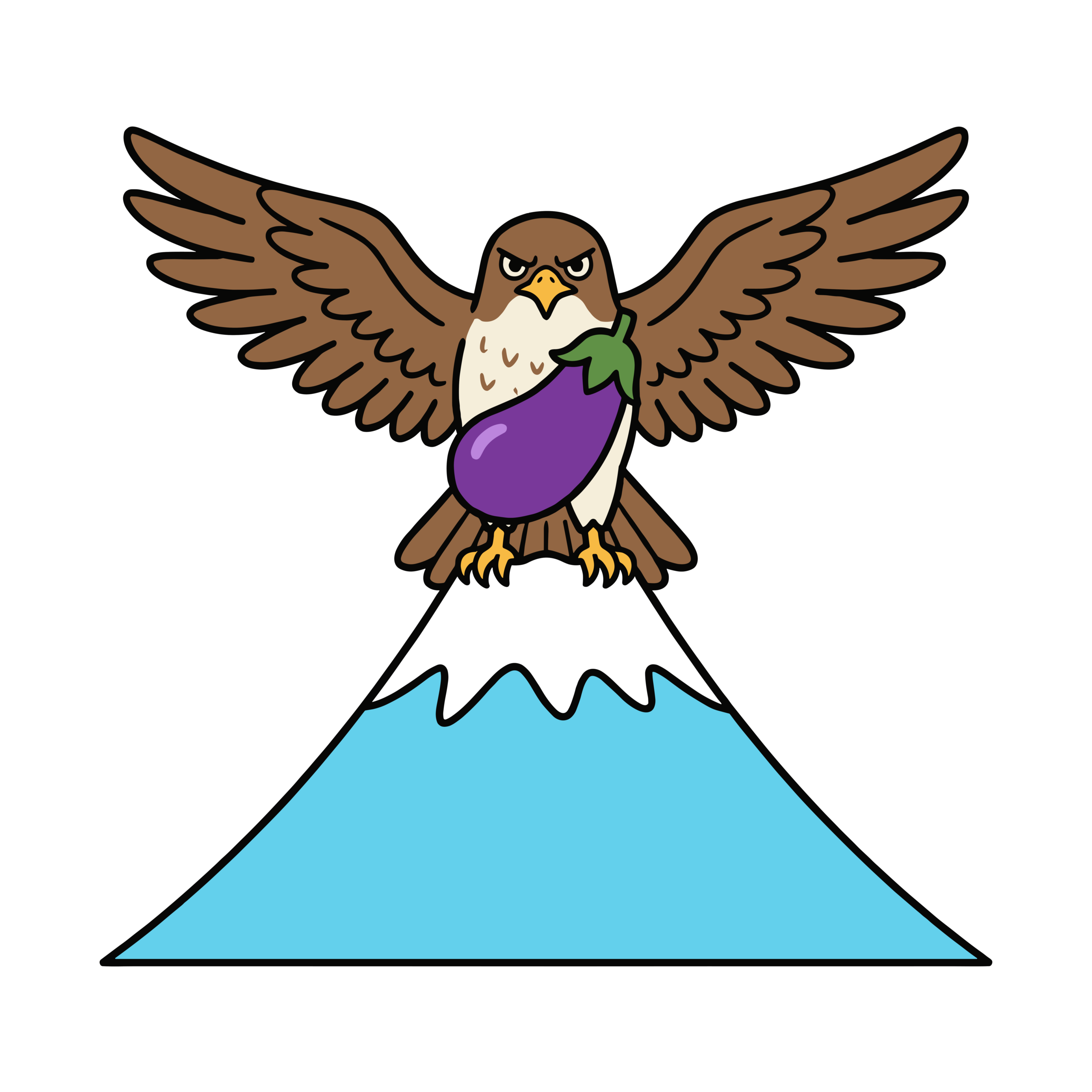富士山の上でナスを持つかわいい鷹のイラスト。初夢やお正月モチーフに使いやすい縁起の良いフリー素材です。