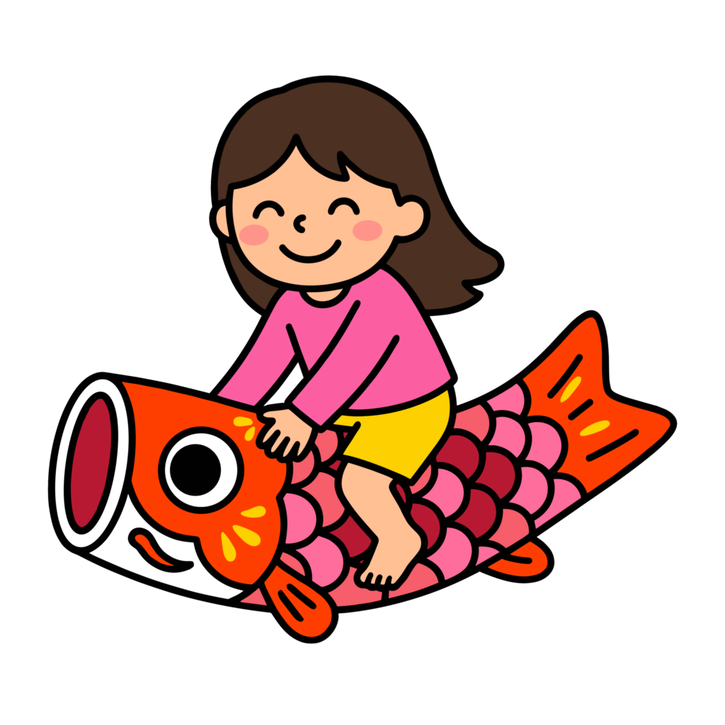 こいのぼりに乗った女の子のかわいいイラスト。こどもの日や端午の節句に使いやすいフリー素材