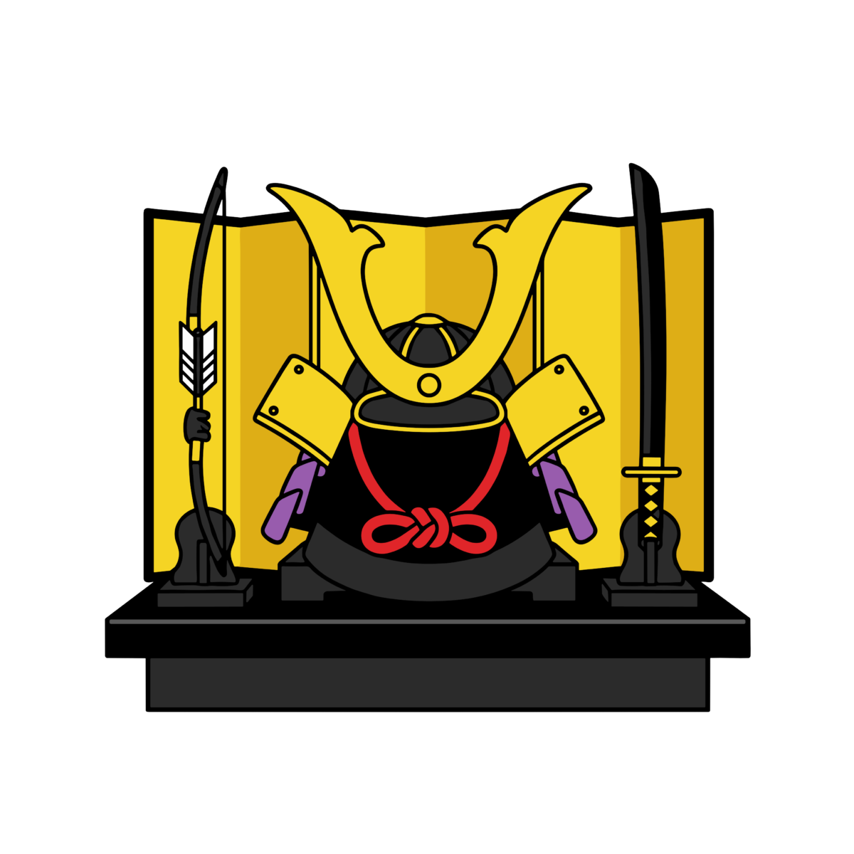 金色の兜と刀が並んだ五月人形風のかわいいイラスト。こどもの日に簡単に使える背景透過PNG素材です。