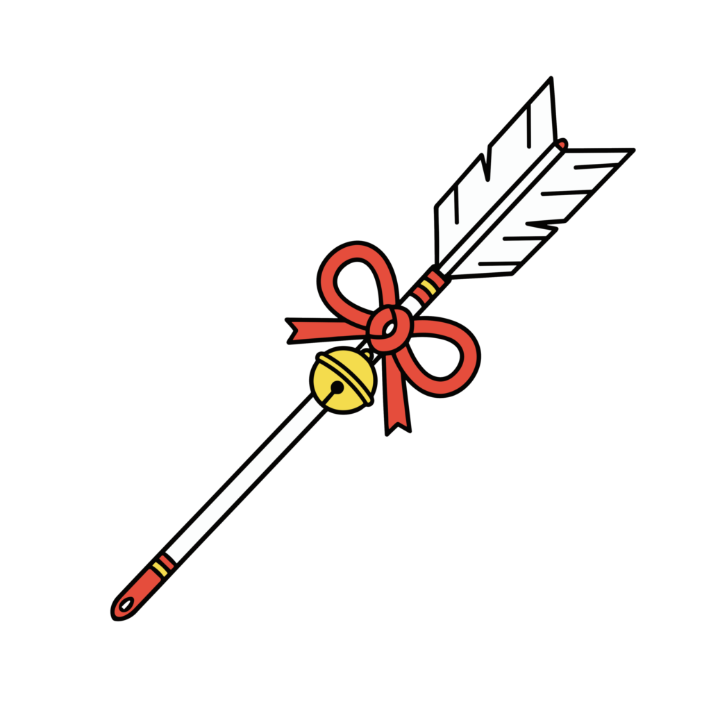 鈴とリボンが付いた破魔矢のかわいいイラスト。厄除けや開運に使いやすい背景透過デザイン