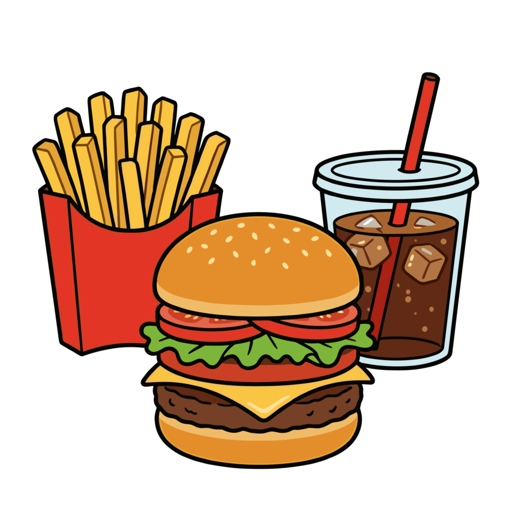 ハンバーガーとポテト、ドリンクがセットになったイラスト。ファストフード風のかわいい背景透過素材です。