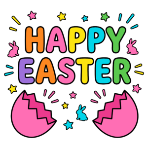 カラフルな文字でHAPPY EASTERと描かれたかわいいイースターのイラスト