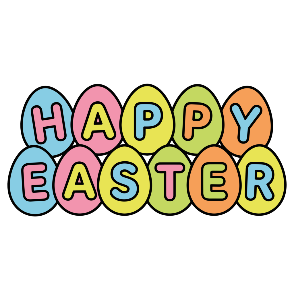 カラフルなイースターエッグにHAPPY EASTERと書かれたかわいい文字イラスト
