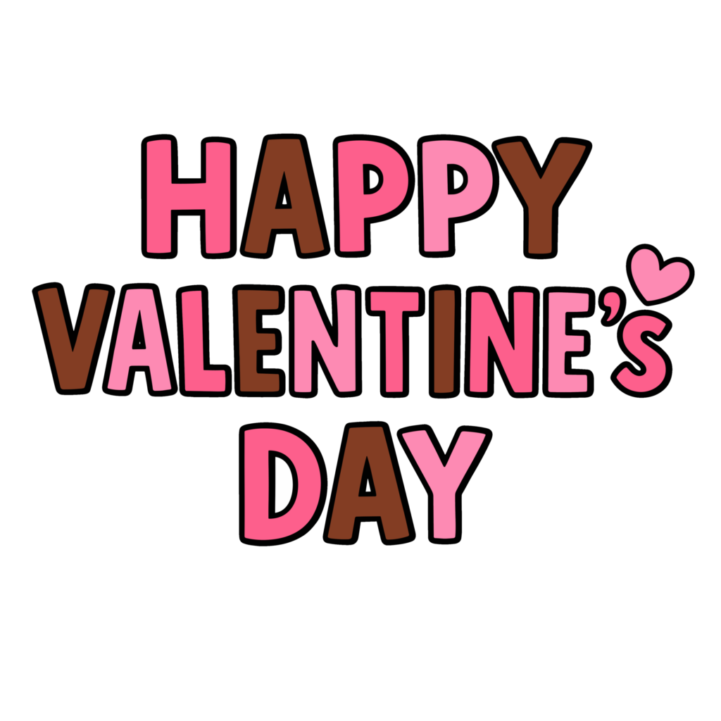 ピンクとブラウンで描かれたHAPPY VALENTINE’S DAYの英字文字イラスト。ハート付きのかわいいデザインです。