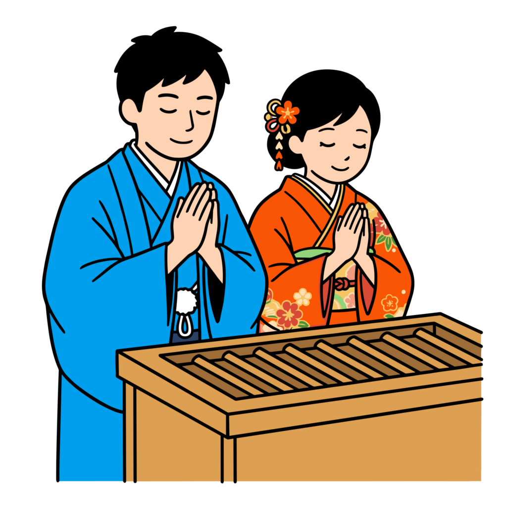 着物姿の夫婦が神社で手を合わせて初詣をしているかわいいイラスト