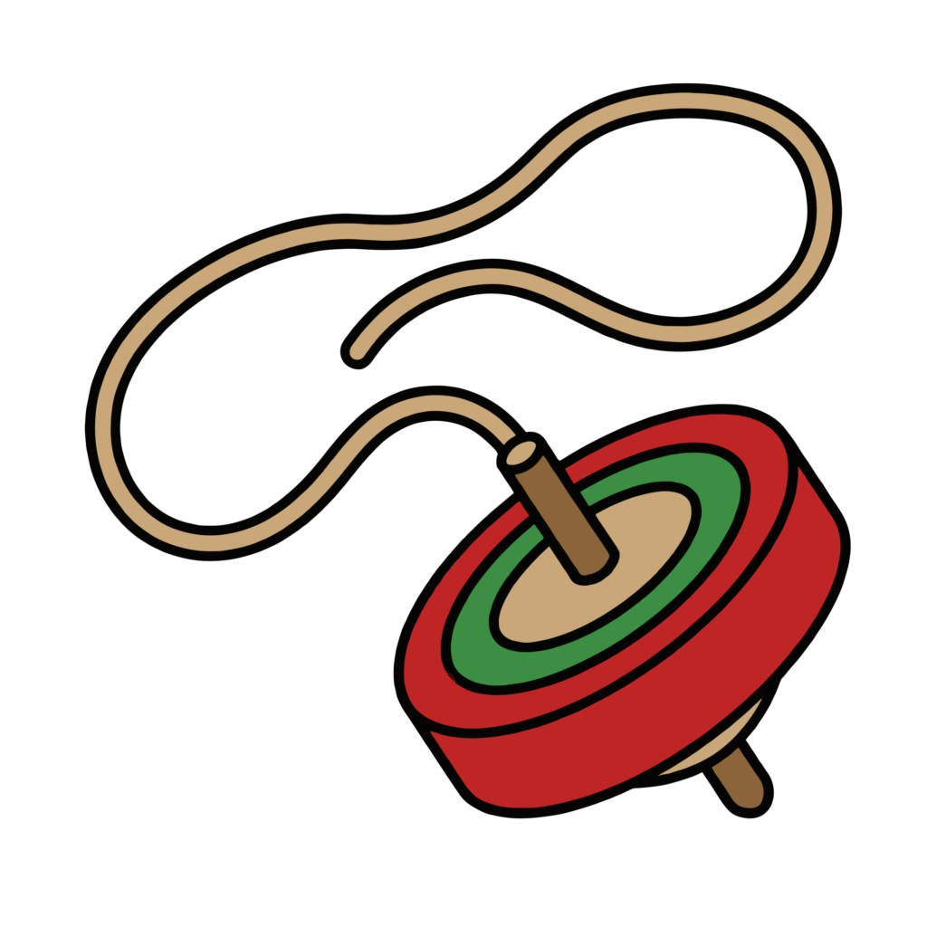 ひもを巻いて回すこまのかわいいイラスト。お正月遊びや日本の伝統おもちゃに使いやすいフリー素材です。