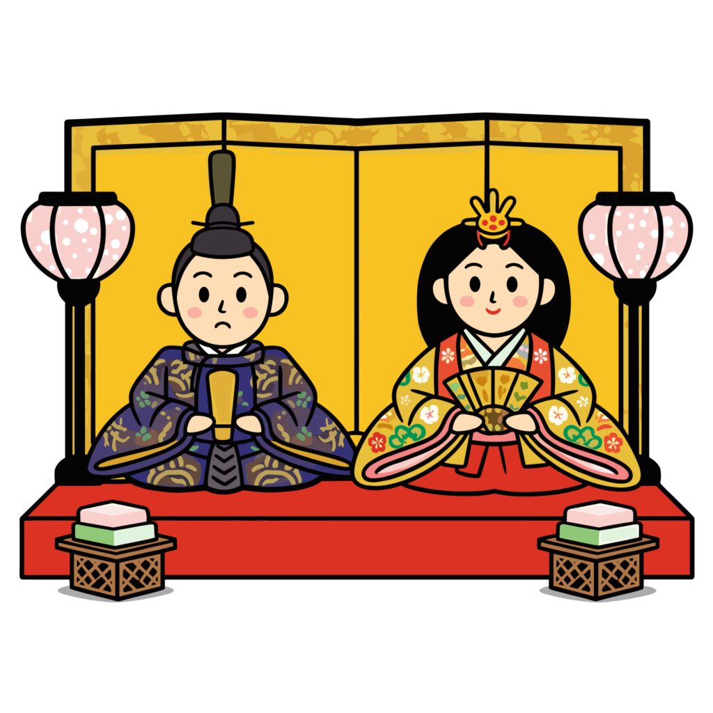 ひな祭りの雛人形のイラスト。男雛と女雛が並んだかわいい和風デザインの背景透過素材です。