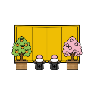 金屏風の前に鏡餅と桃橘が並ぶひなまつり飾りのイラスト。春の行事に使いやすい背景透過のフリー素材です。