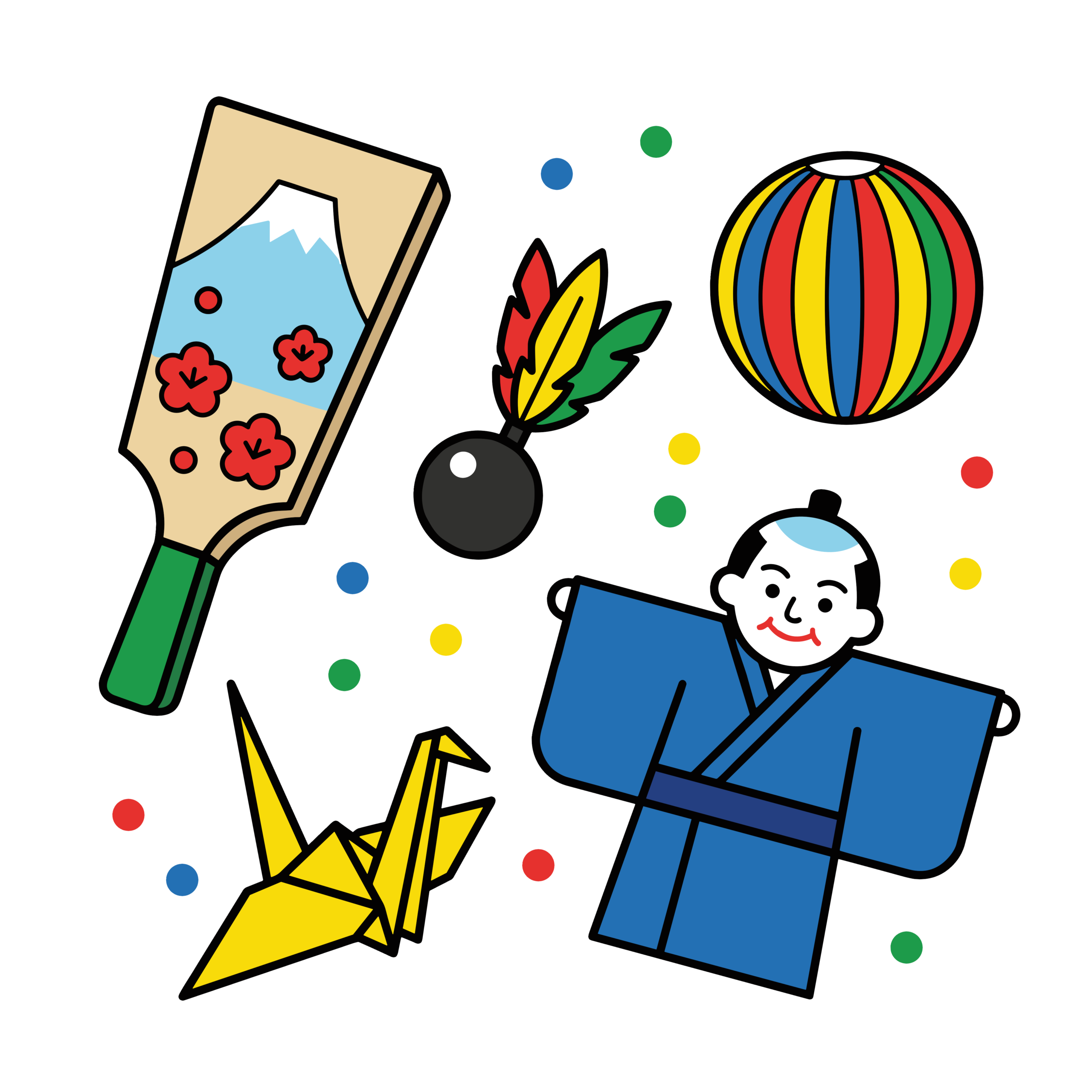 羽子板やまり、折り鶴と着物の子どもが並んだ日本のお正月伝統遊びの和風イラスト