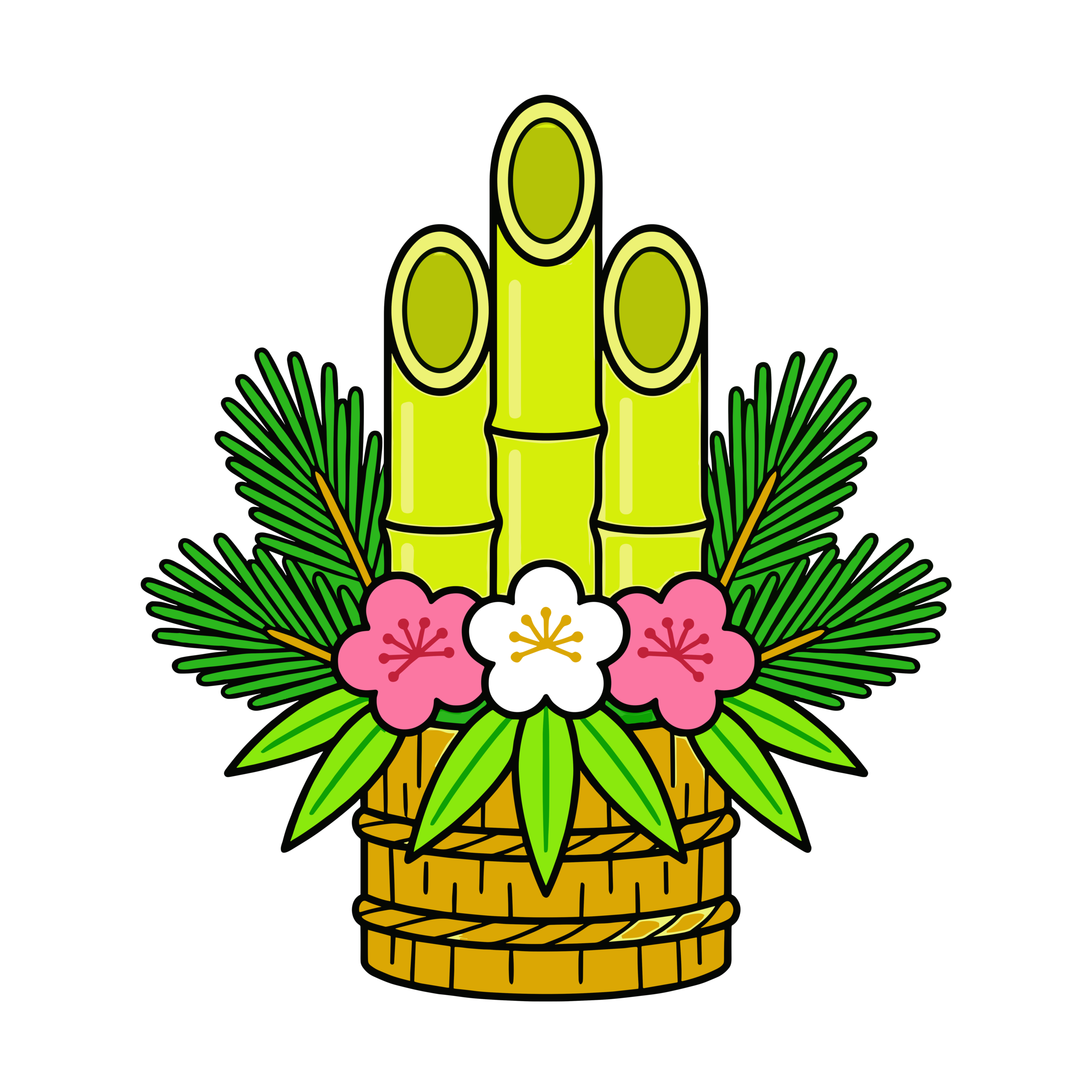 松竹梅の飾りがついたかわいい門松のイラスト。お正月や年始の挨拶に使いやすい縁起の良いフリー素材です。