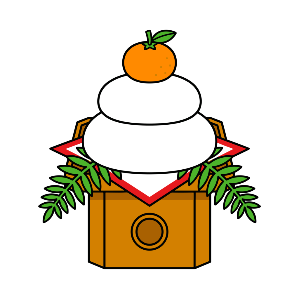 みかんがのったかわいい鏡餅のイラスト。お正月や年始の挨拶に使いやすい縁起の良いフリー素材です。