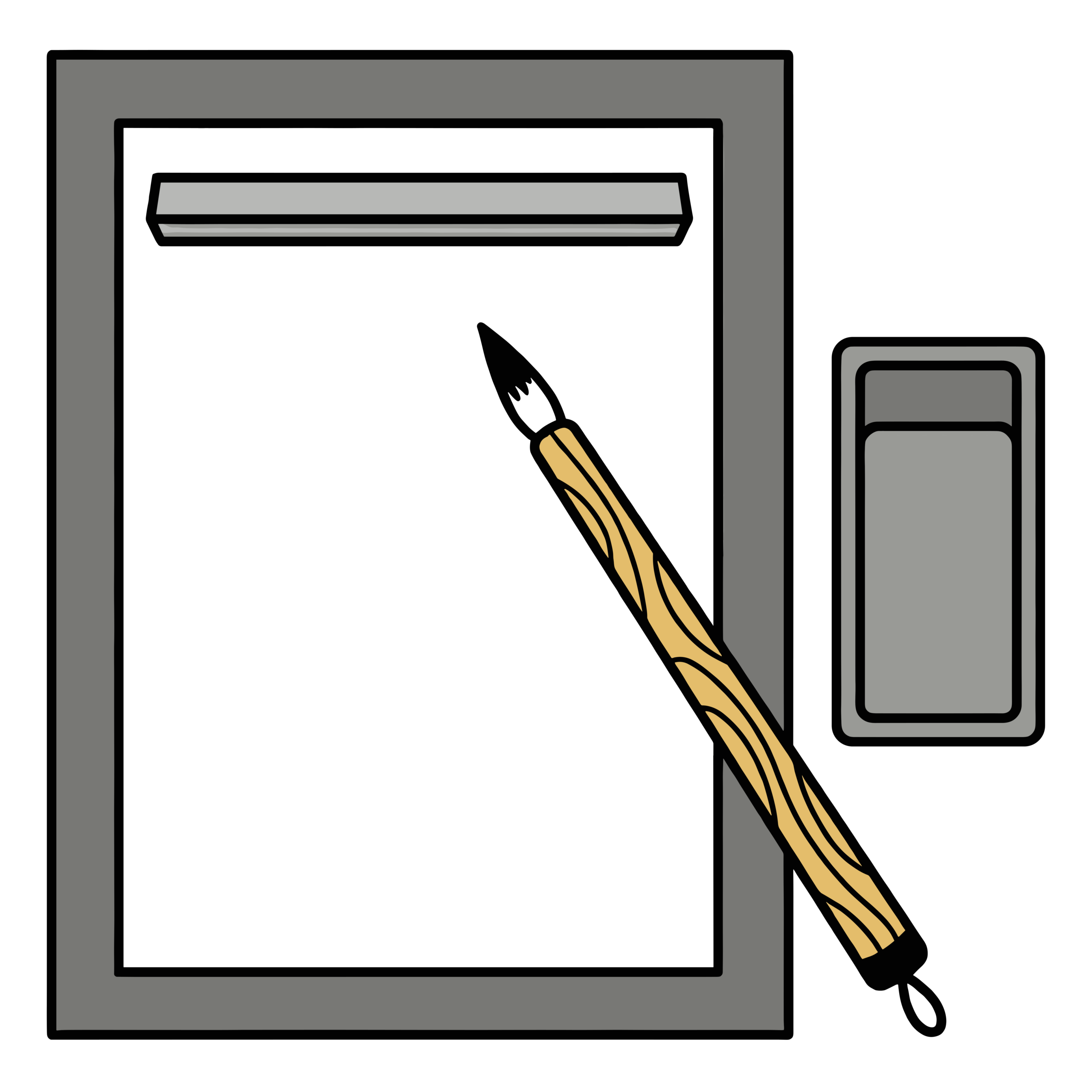 書き初め用の習字紙と筆、文鎮をそろえたかわいいイラスト。お正月や書道学習に使いやすいフリー素材です。