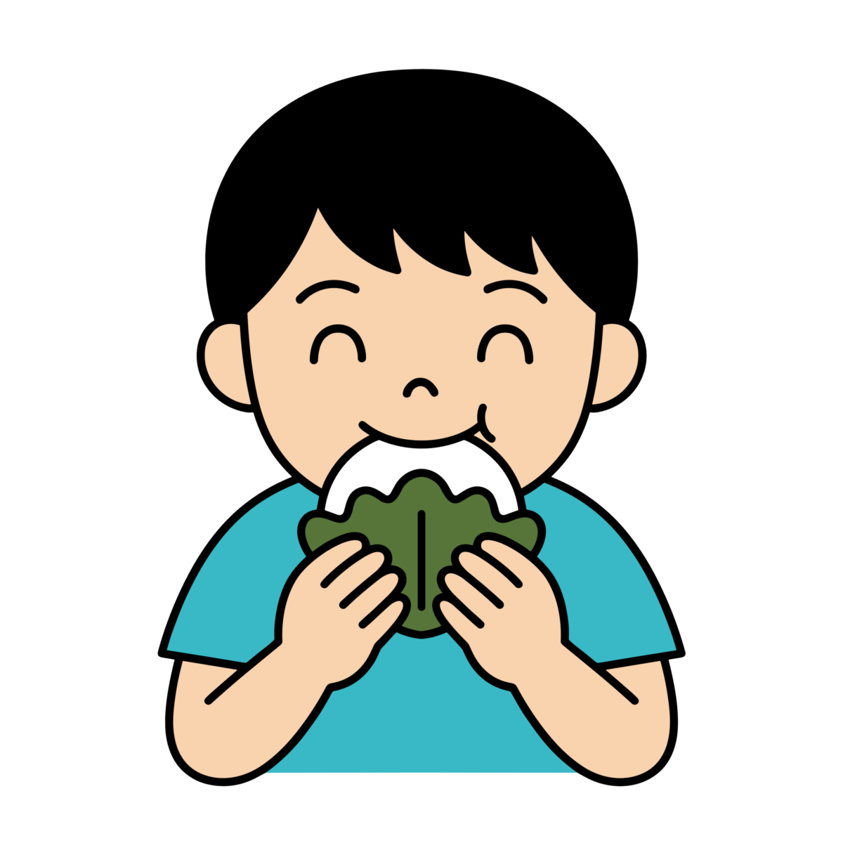 柏餅を両手で持っておいしそうに食べているかわいい男の子のイラスト