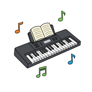 かわいい電子キーボードと楽譜のイラスト｜音楽学習に使いやすい無料フリー素材